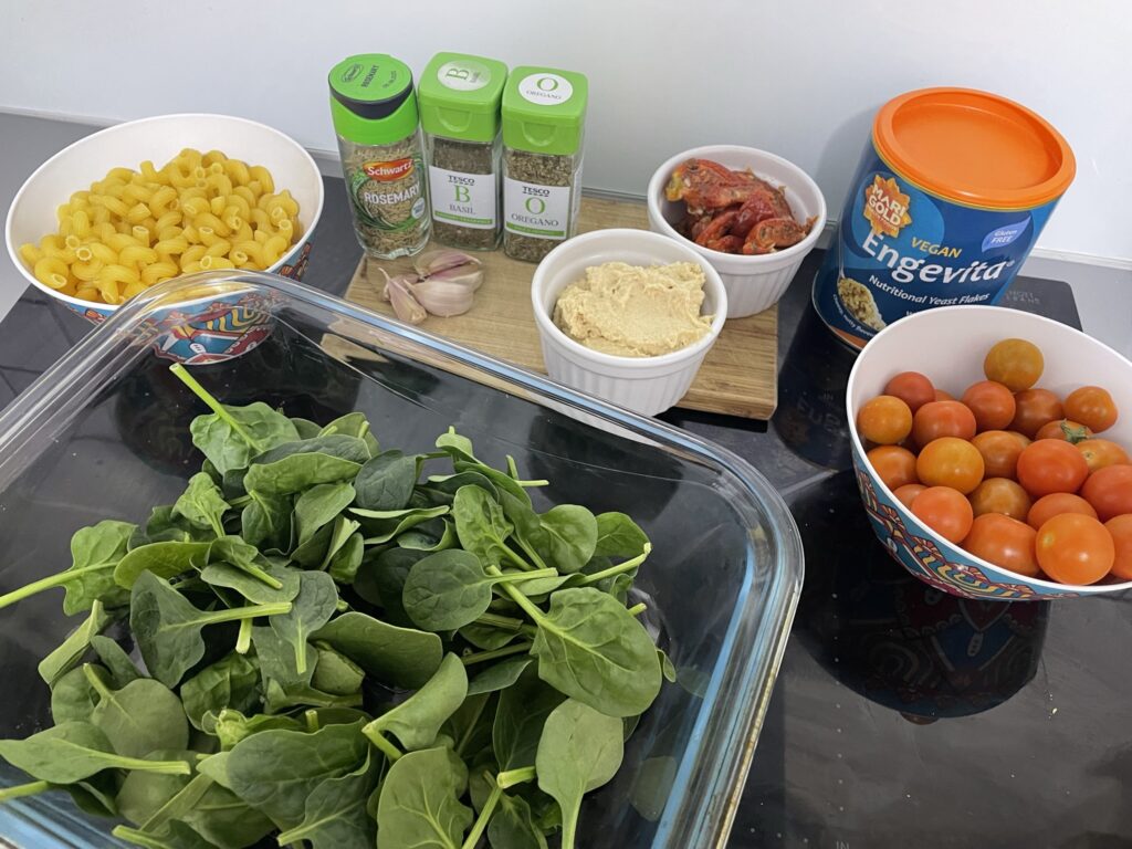 Photo showing all the ingredients needed for Roasted hummus pasta