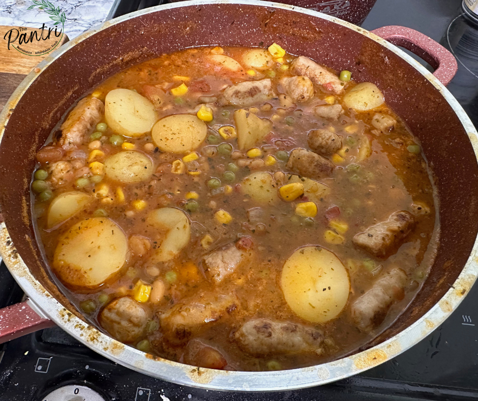 A delicious hearty cowboy casserole, with potatoes, sweetcorn, peas, beans and seasoning.